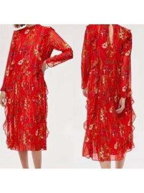 Aritzia Little Moon Orchid Pleated Ruffle Red Midi Dress Size XS